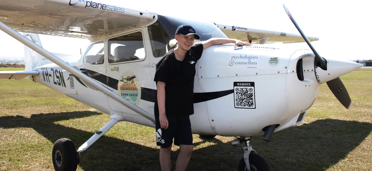 Brisbane · Australia circumnavigation complete, age 14, with the Teen Pilot Down Under livery